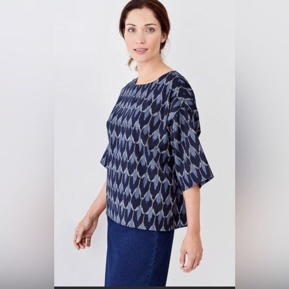 J. Jill. Pure Jill Blue Ikat Kimono Boxy Cotton Blouse. Size Small. - Picture 2 of 14